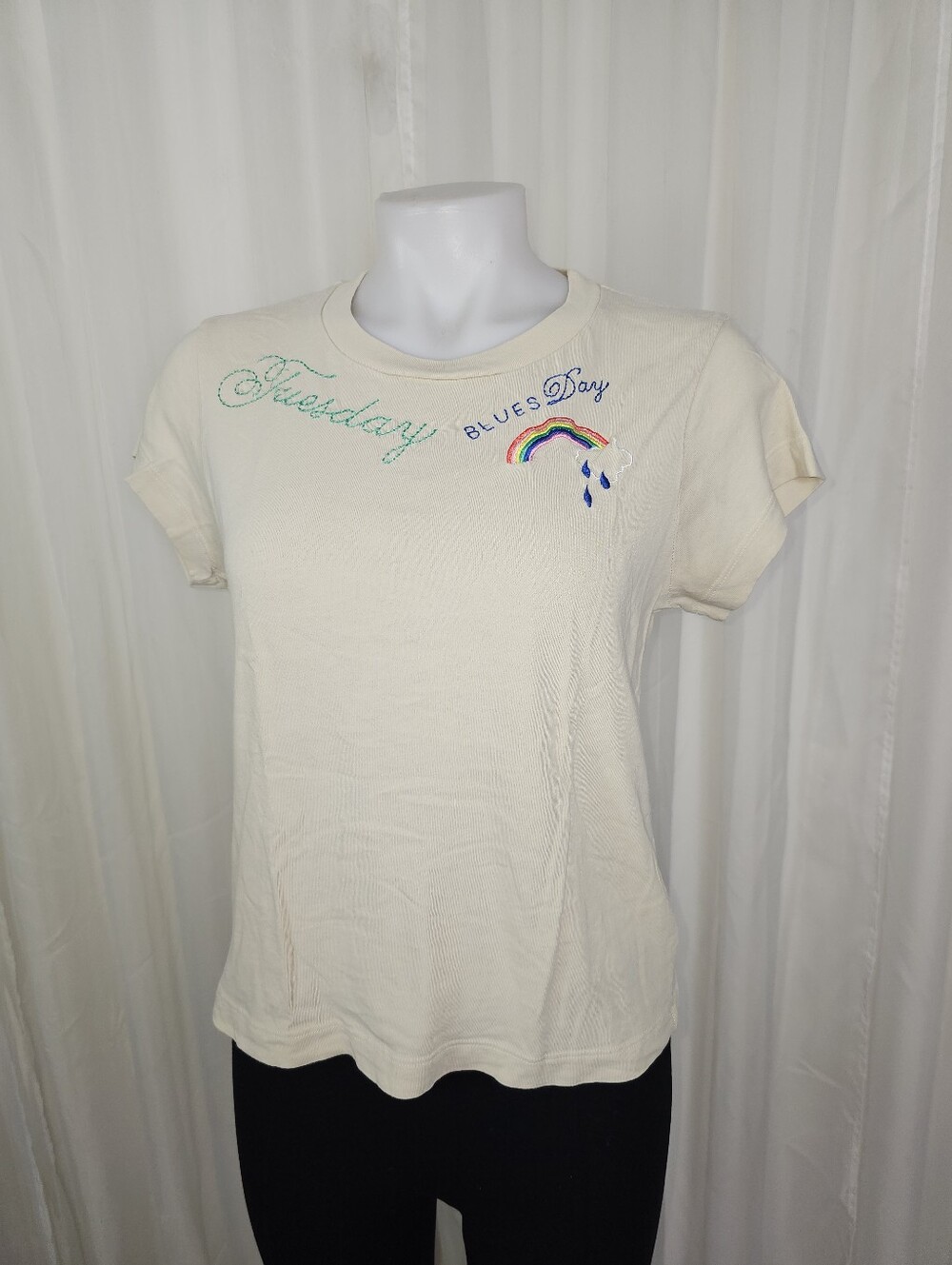 Wildfox Couture "Tuesday Blues Day" Rainbow Embroidered Graphic Tee Small